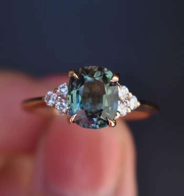 2 ct Oval Teal Sapphire and Diamond Engagement Ring 14K Rose Gold Blue Green Sapphire Ring Albrecht Jewellery Rings