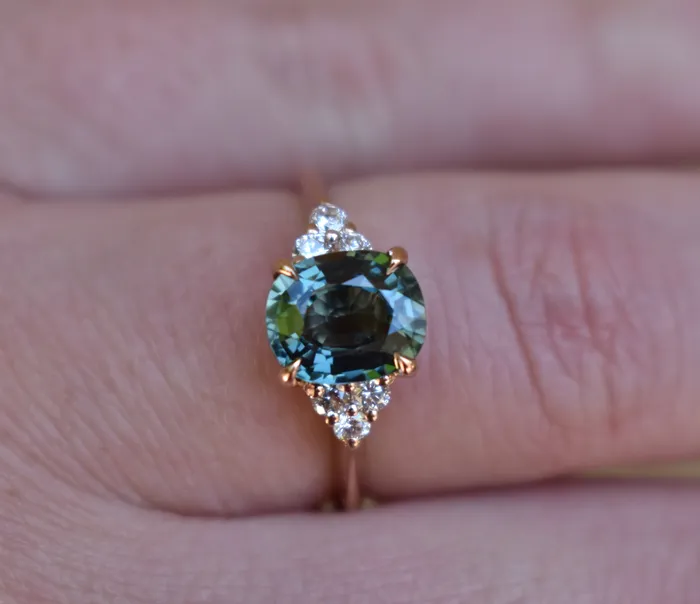 2 ct Oval Teal Sapphire and Diamond Engagement Ring 14K Rose Gold Blue Green Sapphire Ring Albrecht Jewellery Rings