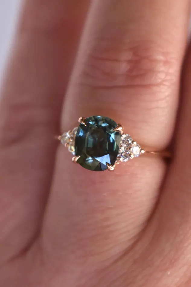 2 ct Oval Teal Sapphire and Diamond Engagement Ring 14K Rose Gold Blue Green Sapphire Ring Albrecht Jewellery Rings