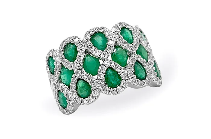 Albert Hern Ring 14kt Gold Multi Row Pear Oval Emeralds with Diamonds Rings Albert Hern Ring 14kt Gold Multi Row Pear Oval Emeralds with Diamonds Rings