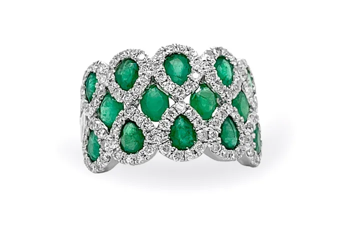 Albert Hern Ring 14kt Gold Multi Row Pear Oval Emeralds with Diamonds Rings