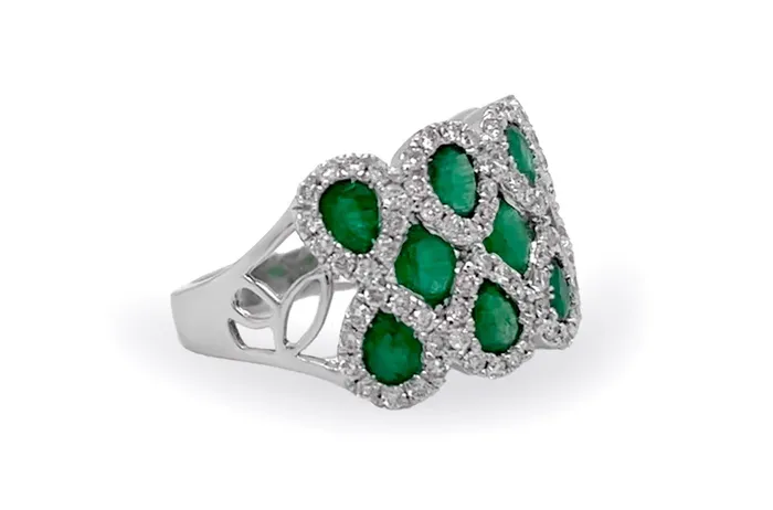 Albert Hern Ring 14kt Gold Multi Row Pear Oval Emeralds with Diamonds Rings