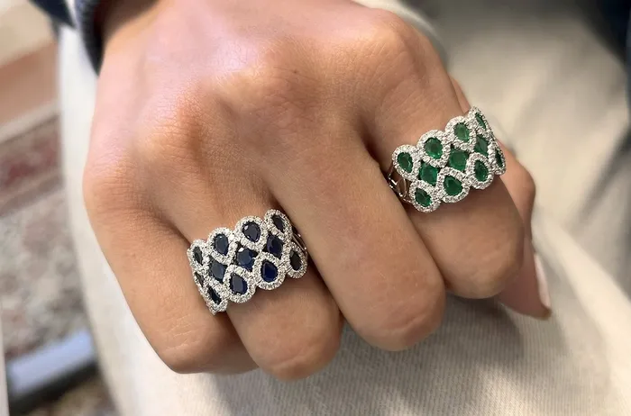 Albert Hern Ring 14kt Gold Multi Row Pear Oval Emeralds with Diamonds Rings