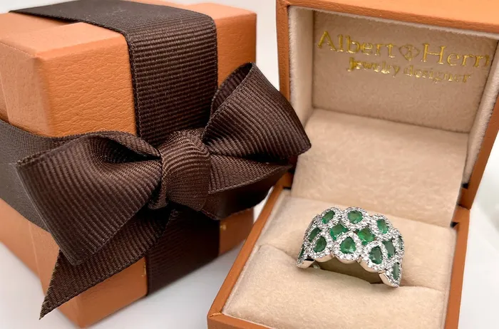 Albert Hern Ring 14kt Gold Multi Row Pear Oval Emeralds with Diamonds Rings