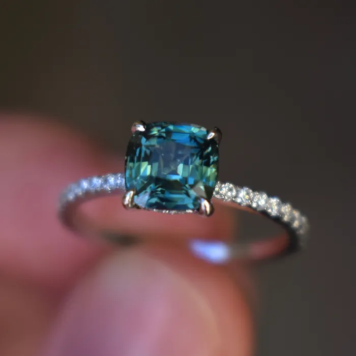 Albrecht Jewellery Rings Teal Green Sapphire Engagement Ring 14K Gold Hidden Halo Diamond and Sapphire Ring Albrecht Jewellery Rings Teal Green Sapphire Engagement Ring 14K Gold Hidden Halo Diamond and Sapphire Ring
