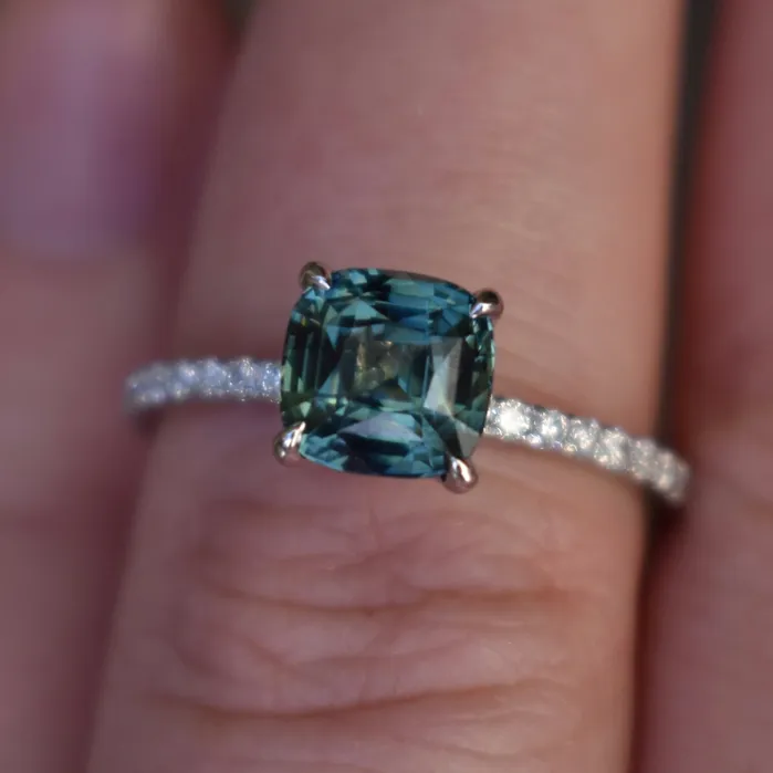 Albrecht Jewellery Rings Teal Green Sapphire Engagement Ring 14K Gold Hidden Halo Diamond and Sapphire Ring