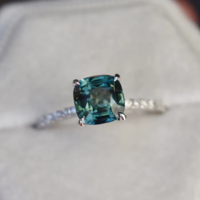 Albrecht Jewellery Rings Teal Green Sapphire Engagement Ring 14K Gold Hidden Halo Diamond and Sapphire Ring