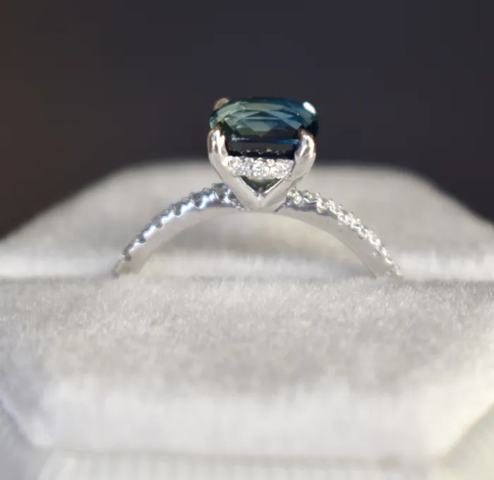Albrecht Jewellery Rings Teal Green Sapphire Engagement Ring 14K Gold Hidden Halo Diamond and Sapphire Ring