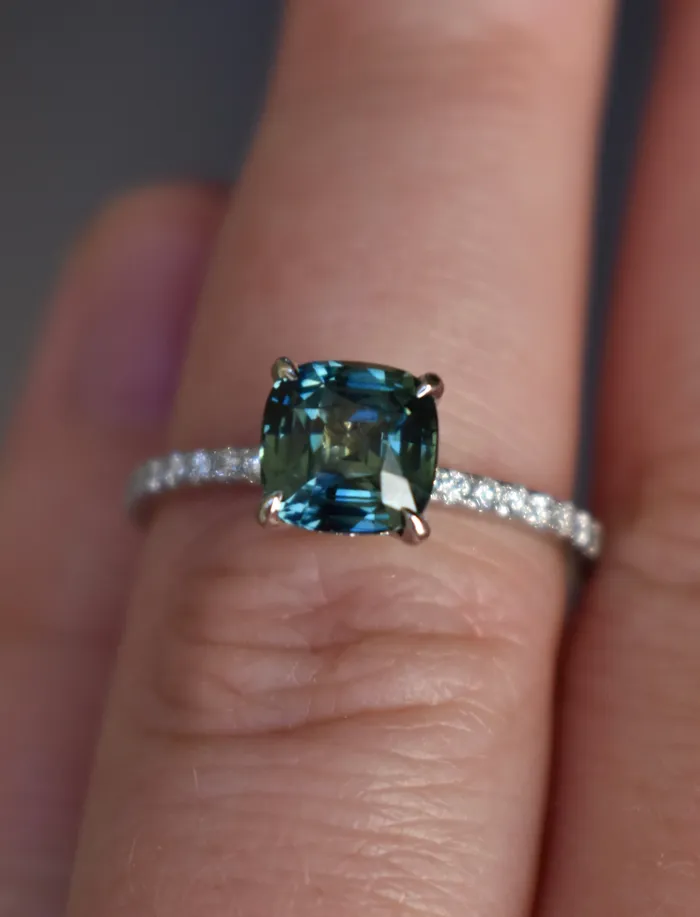 Albrecht Jewellery Rings Teal Green Sapphire Engagement Ring 14K Gold Hidden Halo Diamond and Sapphire Ring