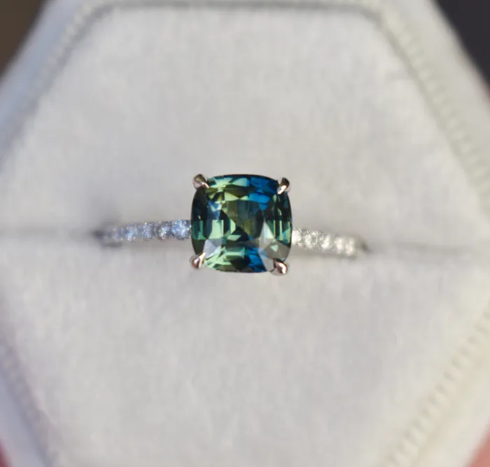Albrecht Jewellery Rings Teal Green Sapphire Engagement Ring 14K Gold Hidden Halo Diamond and Sapphire Ring