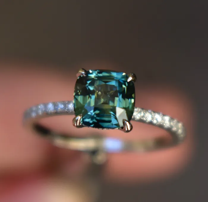 Albrecht Jewellery Rings Teal Green Sapphire Engagement Ring 14K Gold Hidden Halo Diamond and Sapphire Ring