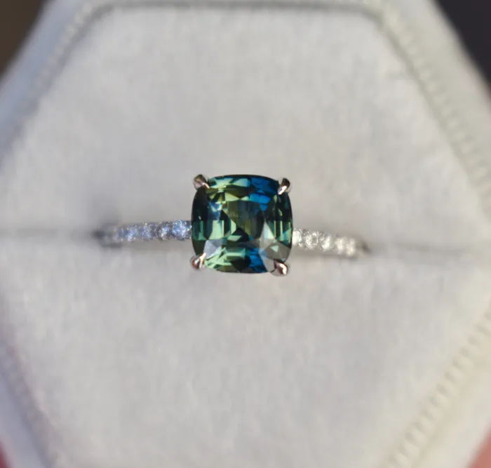 Albrecht Jewellery Rings Teal Green Sapphire Engagement Ring 14K Gold Hidden Halo Diamond and Sapphire Ring