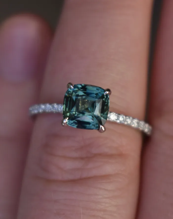 Albrecht Jewellery Rings Teal Green Sapphire Engagement Ring 14K Gold Hidden Halo Diamond and Sapphire Ring