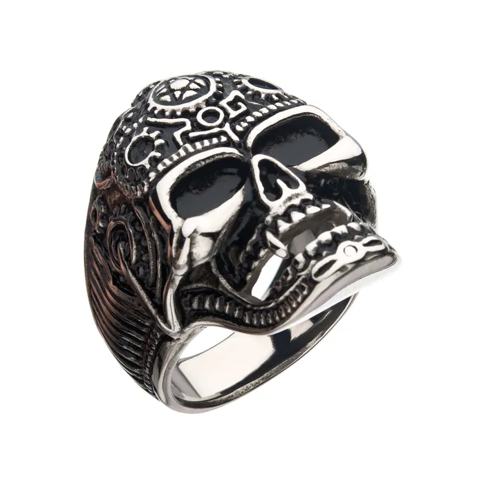 Antiqued Silver Tone Stainless Steel Oxidized Finish Vampire Skull Ring INOX JEWELRY Rings Antiqued Silver Tone Stainless Steel Oxidized Finish Vampire Skull Ring INOX JEWELRY Rings