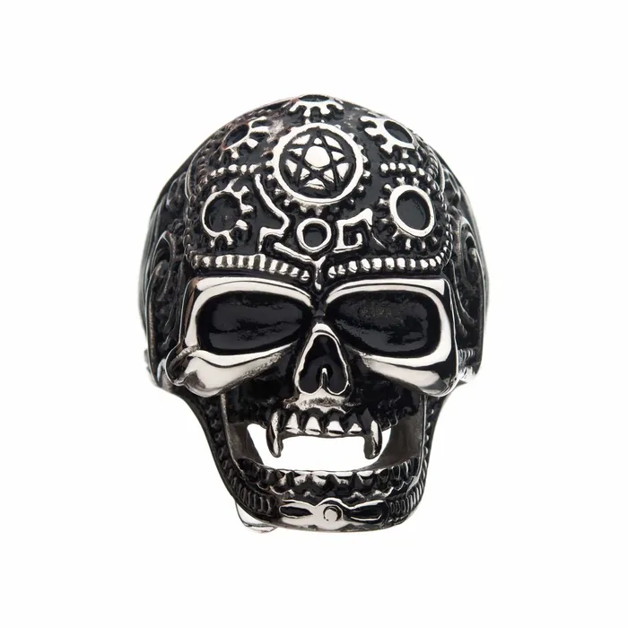 Antiqued Silver Tone Stainless Steel Oxidized Finish Vampire Skull Ring INOX JEWELRY Rings