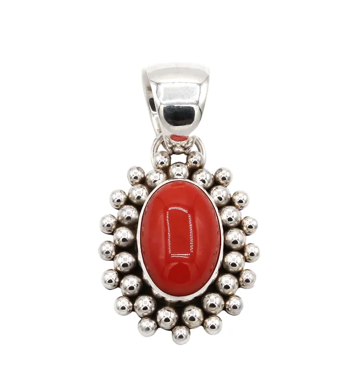 Artie Yellowhorse Necklaces Oval Red Coral Pendant with Bead Design