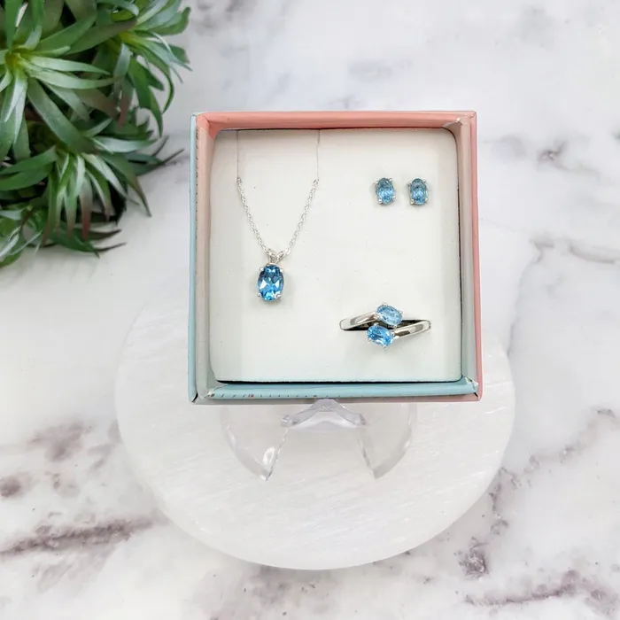 Blue Topaz Faceted Jewelry 3 pc Box Set Sterling Silver Earrings Pendant Adjustable Ring LV3203 Bliss Crystals Earrings Blue Topaz Faceted Jewelry 3 pc Box Set Sterling Silver Earrings Pendant Adjustable Ring LV3203 Bliss Crystals Earrings