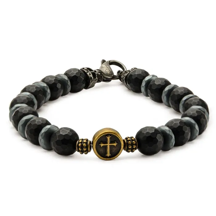 Bracelets INOX JEWELRY Black and Golden Tone Stainless Steel with Black Hematite Roberto Arichi Cross and Skull Bead Bracelet