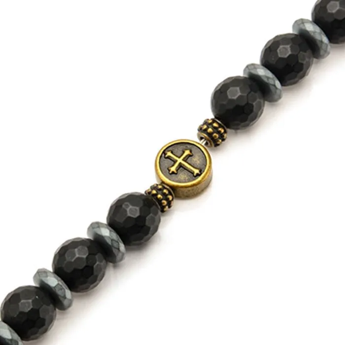 Bracelets INOX JEWELRY Black and Golden Tone Stainless Steel with Black Hematite Roberto Arichi Cross and Skull Bead Bracelet
