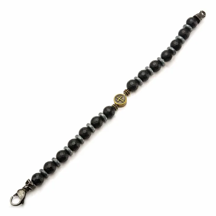 Bracelets INOX JEWELRY Black and Golden Tone Stainless Steel with Black Hematite Roberto Arichi Cross and Skull Bead Bracelet