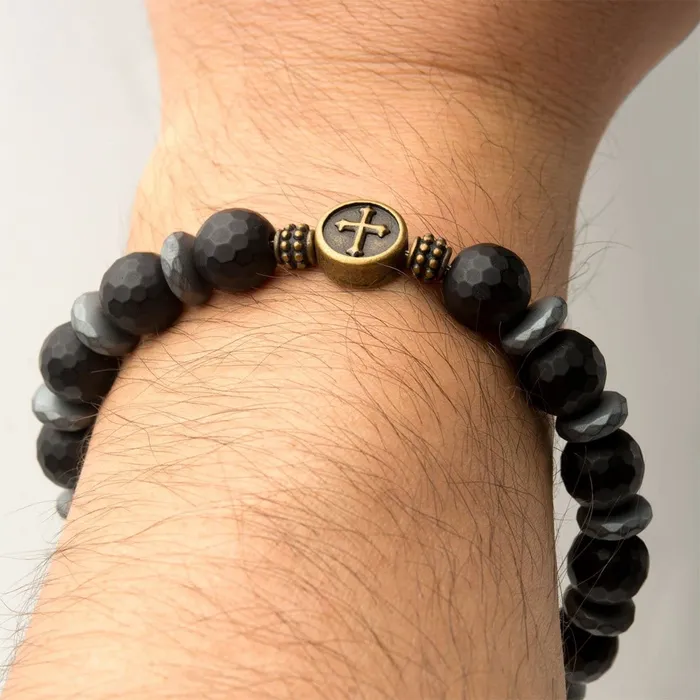 Bracelets INOX JEWELRY Black and Golden Tone Stainless Steel with Black Hematite Roberto Arichi Cross and Skull Bead Bracelet