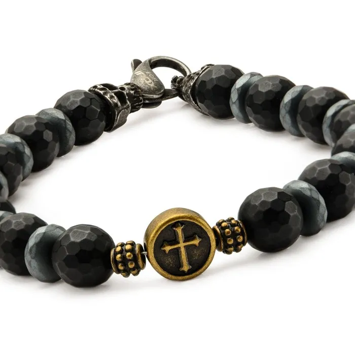 Bracelets INOX JEWELRY Black and Golden Tone Stainless Steel with Black Hematite Roberto Arichi Cross and Skull Bead Bracelet