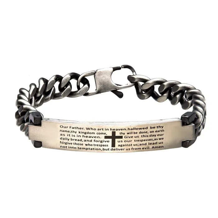 Bracelets INOX JEWELRY Silver Tone Stainless Steel Oxidized Finish Religious Prayer ID Tag Biker Bracelet Bracelets INOX JEWELRY Silver Tone Stainless Steel Oxidized Finish Religious Prayer ID Tag Biker Bracelet
