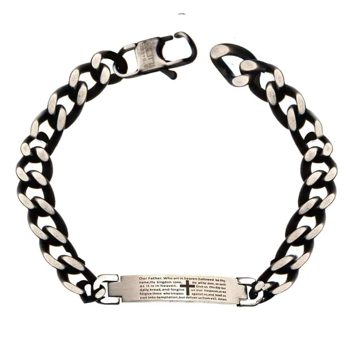 Bracelets INOX JEWELRY Silver Tone Stainless Steel Oxidized Finish Religious Prayer ID Tag Biker Bracelet
