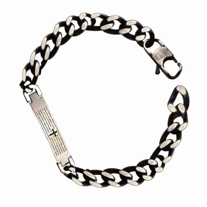 Bracelets INOX JEWELRY Silver Tone Stainless Steel Oxidized Finish Religious Prayer ID Tag Biker Bracelet