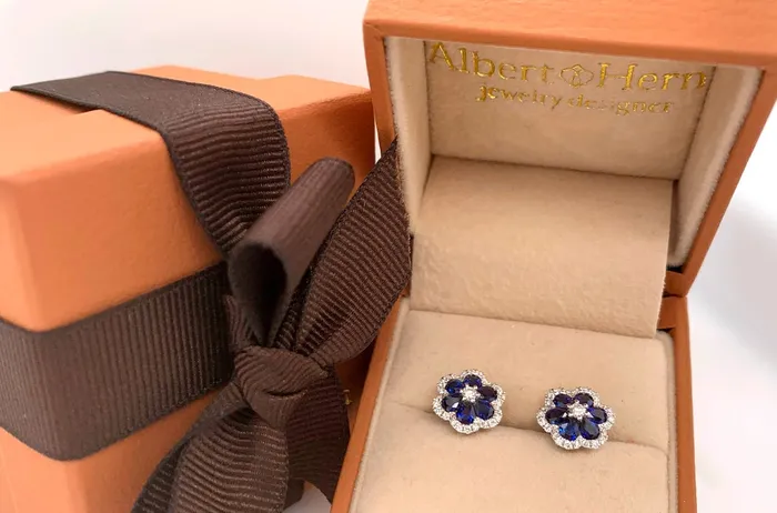 Earrings 18kt Gold Flowers with Blue Sapphires Diamonds Studs Albert Hern Earrings