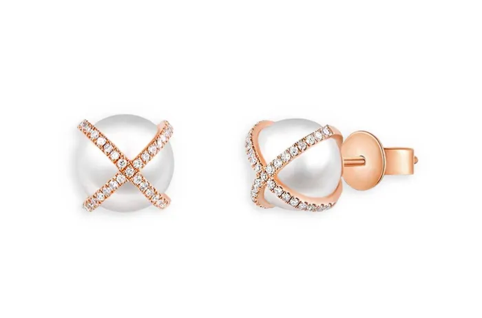 Earrings Albert Hern Earrings 14kt Gold Criss Cross Pearls Diamonds