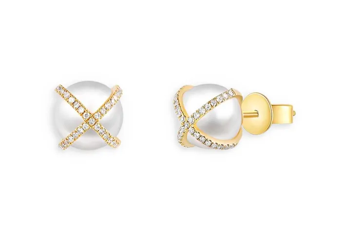 Earrings Albert Hern Earrings 14kt Gold Criss Cross Pearls Diamonds