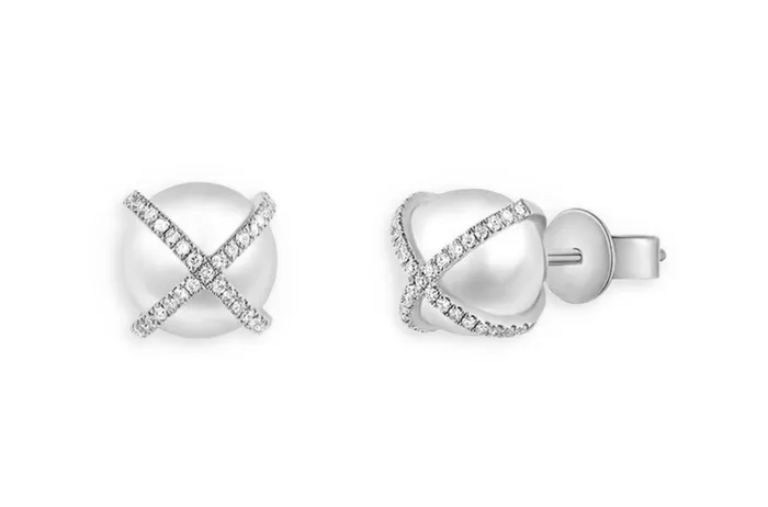 Earrings Albert Hern Earrings 14kt Gold Criss Cross Pearls Diamonds