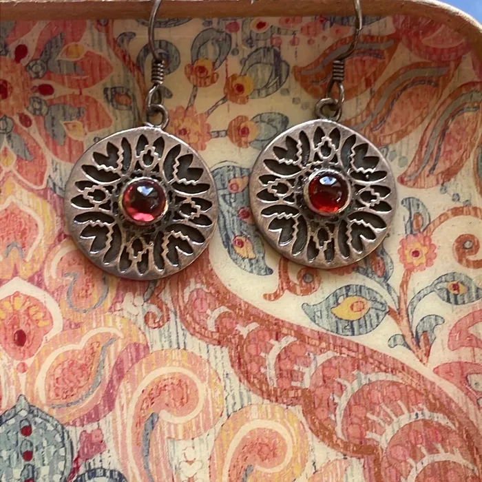 Earrings Garnet Medallion Earrings Sterling Silver Vintage Vintage Paris Jewelry