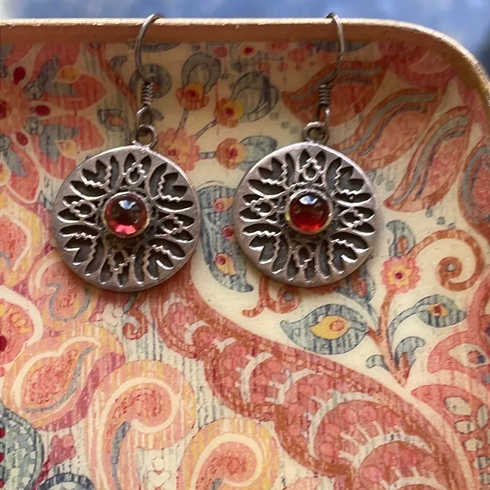 Earrings Garnet Medallion Earrings Sterling Silver Vintage Vintage Paris Jewelry