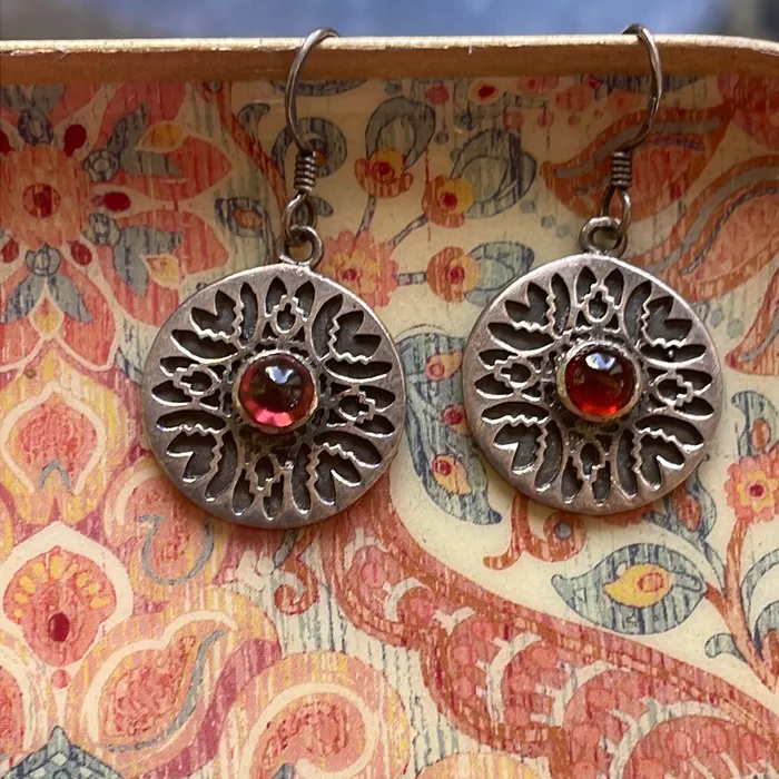 Earrings Garnet Medallion Earrings Sterling Silver Vintage Vintage Paris Jewelry