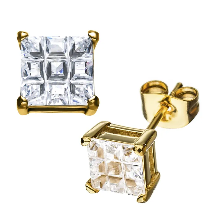 Golden Tone Stainless Steel Grid Setting Square CZ Ear Studs INOX JEWELRY Earrings Golden Tone Stainless Steel Grid Setting Square CZ Ear Studs INOX JEWELRY Earrings