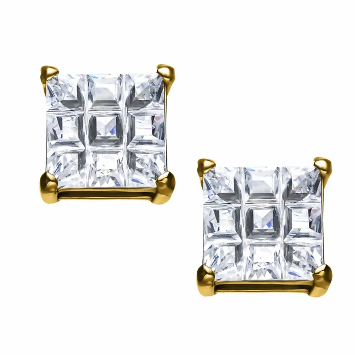 Golden Tone Stainless Steel Grid Setting Square CZ Ear Studs INOX JEWELRY Earrings