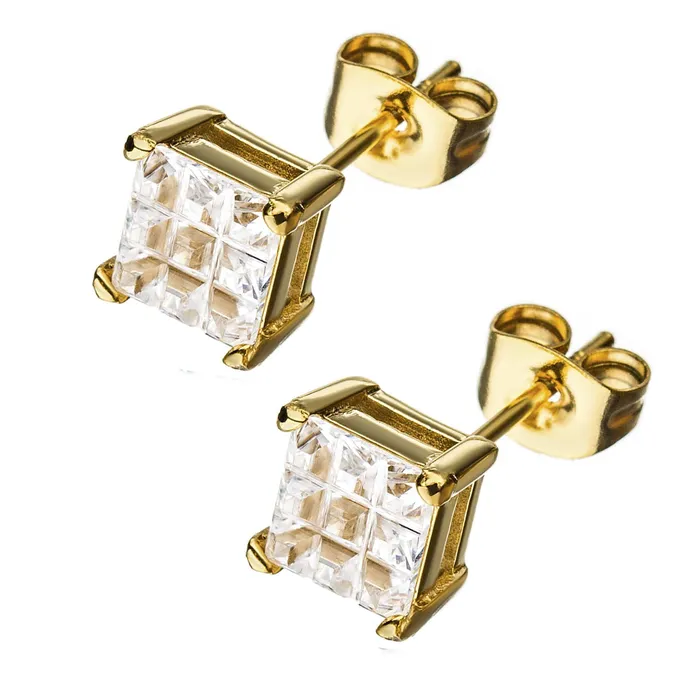 Golden Tone Stainless Steel Grid Setting Square CZ Ear Studs INOX JEWELRY Earrings