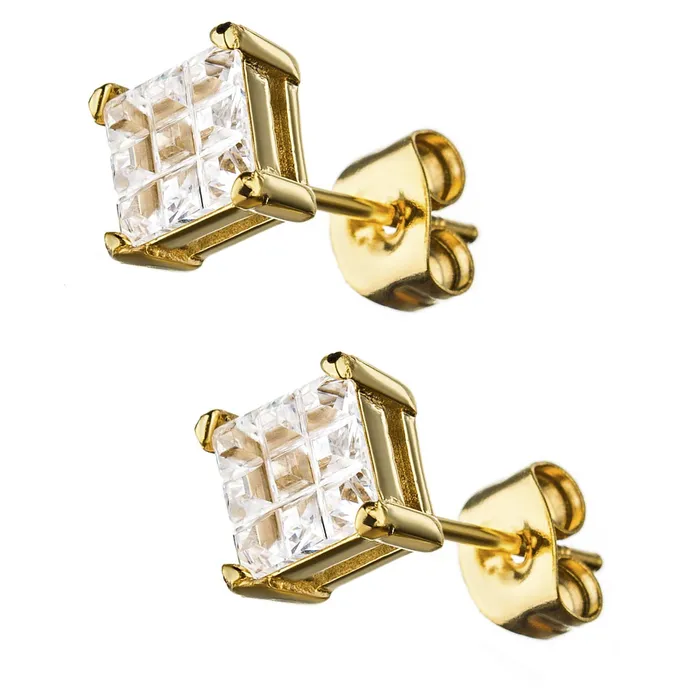 Golden Tone Stainless Steel Grid Setting Square CZ Ear Studs INOX JEWELRY Earrings