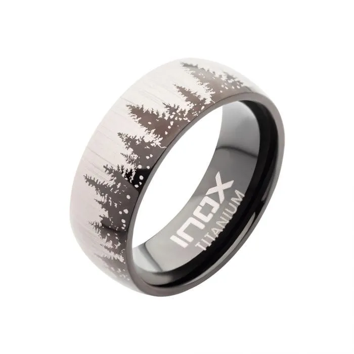 INOX JEWELRY Black and Silver Tone Titanium Evergreen Forest Treeline Design Comfort Fit Ring Rings INOX JEWELRY Black and Silver Tone Titanium Evergreen Forest Treeline Design Comfort Fit Ring Rings