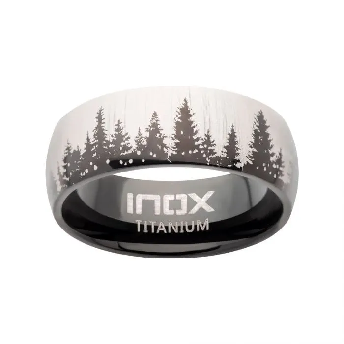 INOX JEWELRY Black and Silver Tone Titanium Evergreen Forest Treeline Design Comfort Fit Ring Rings