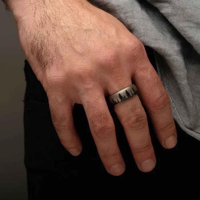 INOX JEWELRY Black and Silver Tone Titanium Evergreen Forest Treeline Design Comfort Fit Ring Rings