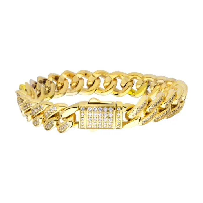 INOX JEWELRY Bracelets 12mm 18K Gold Plated Stainless Steel Iced Miami Cuban Pattern with Cubic Zirconia Double Tab Box Clasp Bracelet INOX JEWELRY Bracelets 12mm 18K Gold Plated Stainless Steel Iced Miami Cuban Pattern with Cubic Zirconia Double Tab Box Clasp Bracelet