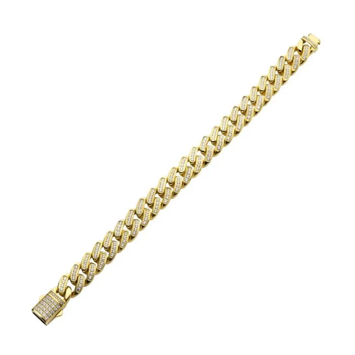 INOX JEWELRY Bracelets 12mm 18K Gold Plated Stainless Steel Iced Miami Cuban Pattern with Cubic Zirconia Double Tab Box Clasp Bracelet