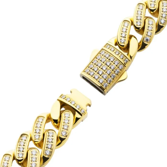 INOX JEWELRY Bracelets 12mm 18K Gold Plated Stainless Steel Iced Miami Cuban Pattern with Cubic Zirconia Double Tab Box Clasp Bracelet