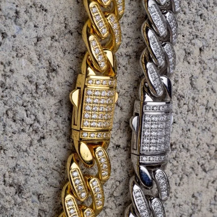 INOX JEWELRY Bracelets 12mm 18K Gold Plated Stainless Steel Iced Miami Cuban Pattern with Cubic Zirconia Double Tab Box Clasp Bracelet