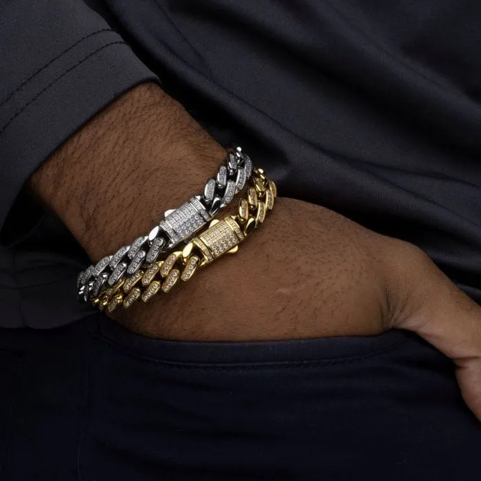 INOX JEWELRY Bracelets 12mm 18K Gold Plated Stainless Steel Iced Miami Cuban Pattern with Cubic Zirconia Double Tab Box Clasp Bracelet