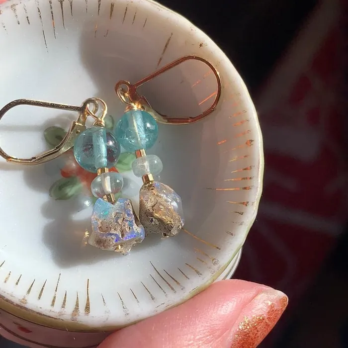 Love Vintage Paris Earrings Opal Apatite and Aquamarine Earrings Gold Filled Handmade