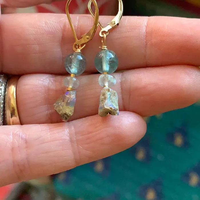 Love Vintage Paris Earrings Opal Apatite and Aquamarine Earrings Gold Filled Handmade